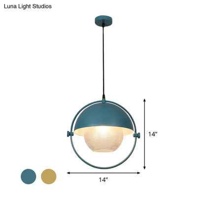 Contemporary Semicircle Pendant Light Kit with 1 Bulb, Blue/Gold Metal Finish and Clear Latticed Glass Shade