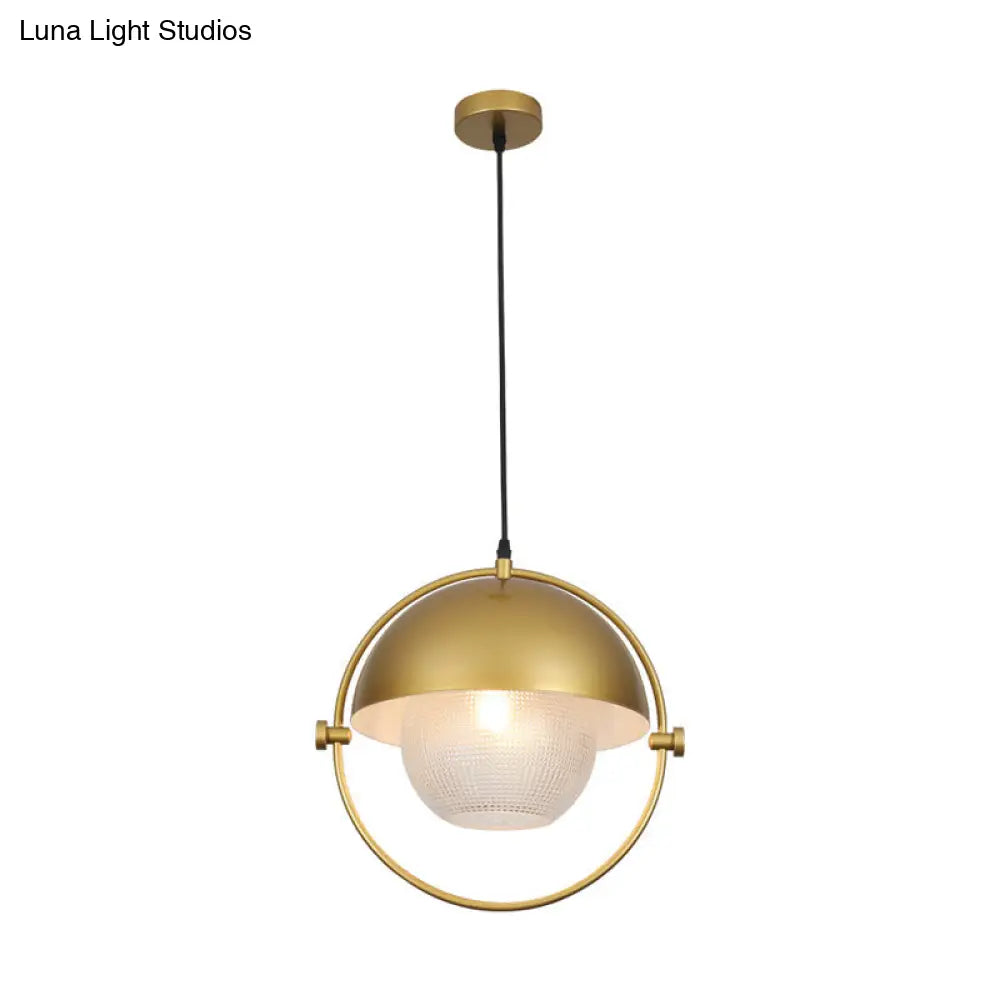 Contemporary Semicircle Pendant Light Kit with 1 Bulb, Blue/Gold Metal Finish and Clear Latticed Glass Shade