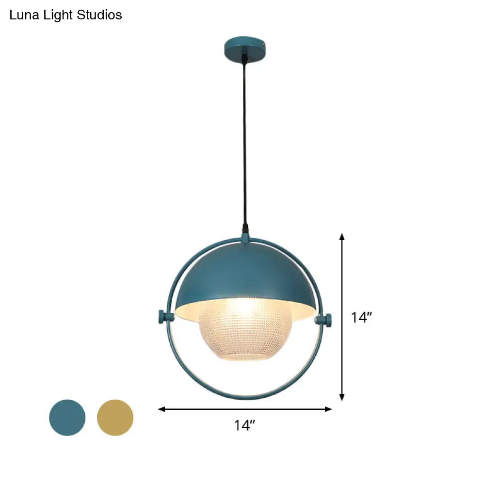 Contemporary Semicircle Pendant Light Kit with 1 Bulb, Blue/Gold Metal Finish and Clear Latticed Glass Shade