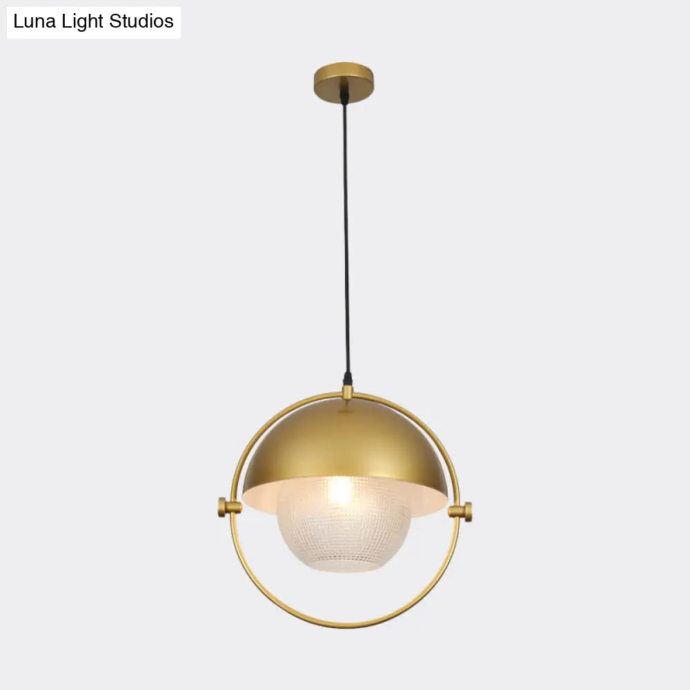 Contemporary Semicircle Pendant Light Kit with 1 Bulb, Blue/Gold Metal Finish and Clear Latticed Glass Shade