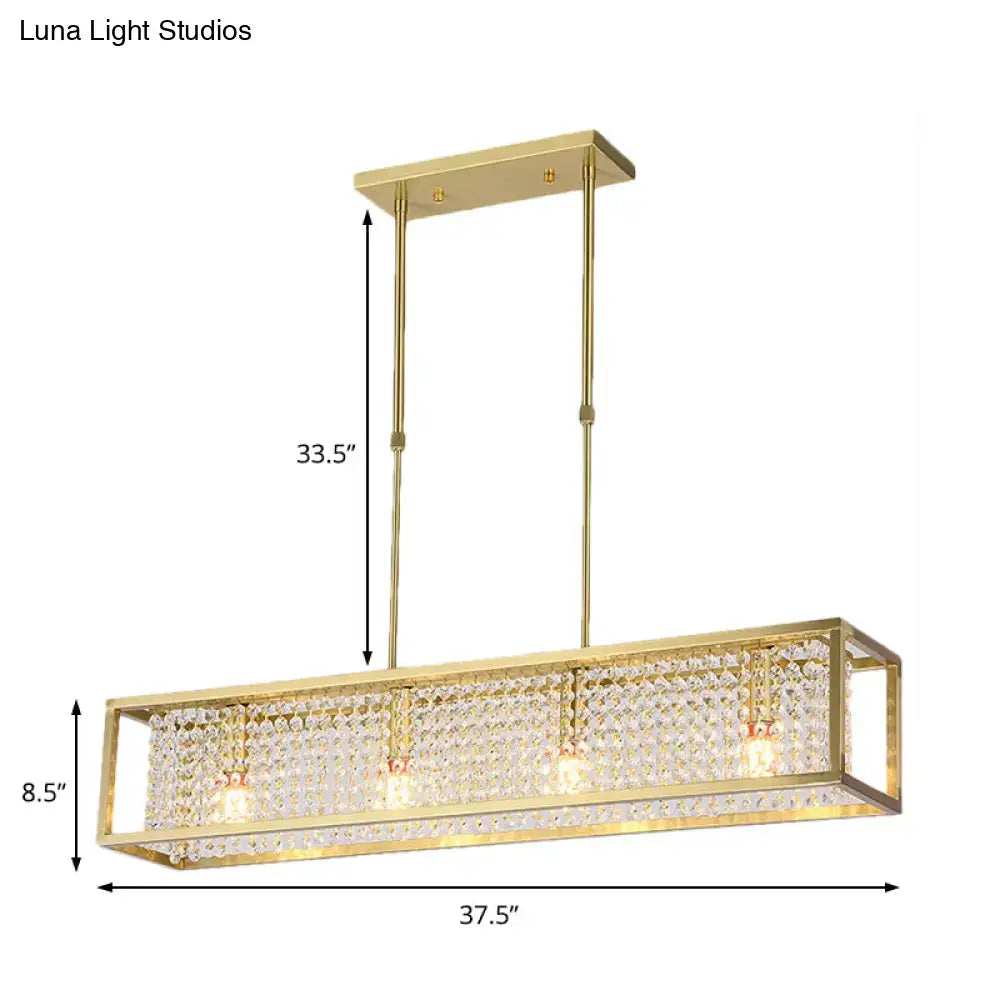 Contemporary gold-finished rectangular chandelier with crystal drops and four illuminated bulbs for dining room use