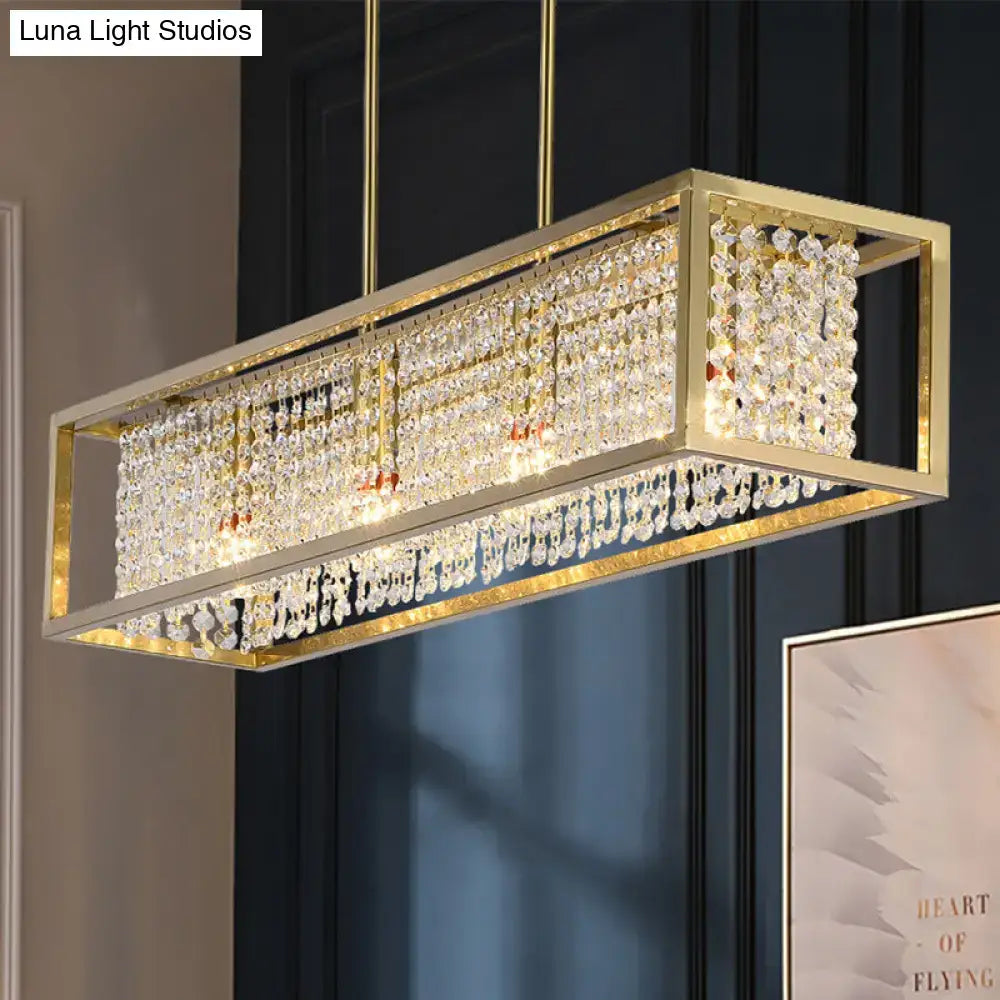 Gold-framed rectangular chandelier with cascading crystal drops for contemporary dining room lighting