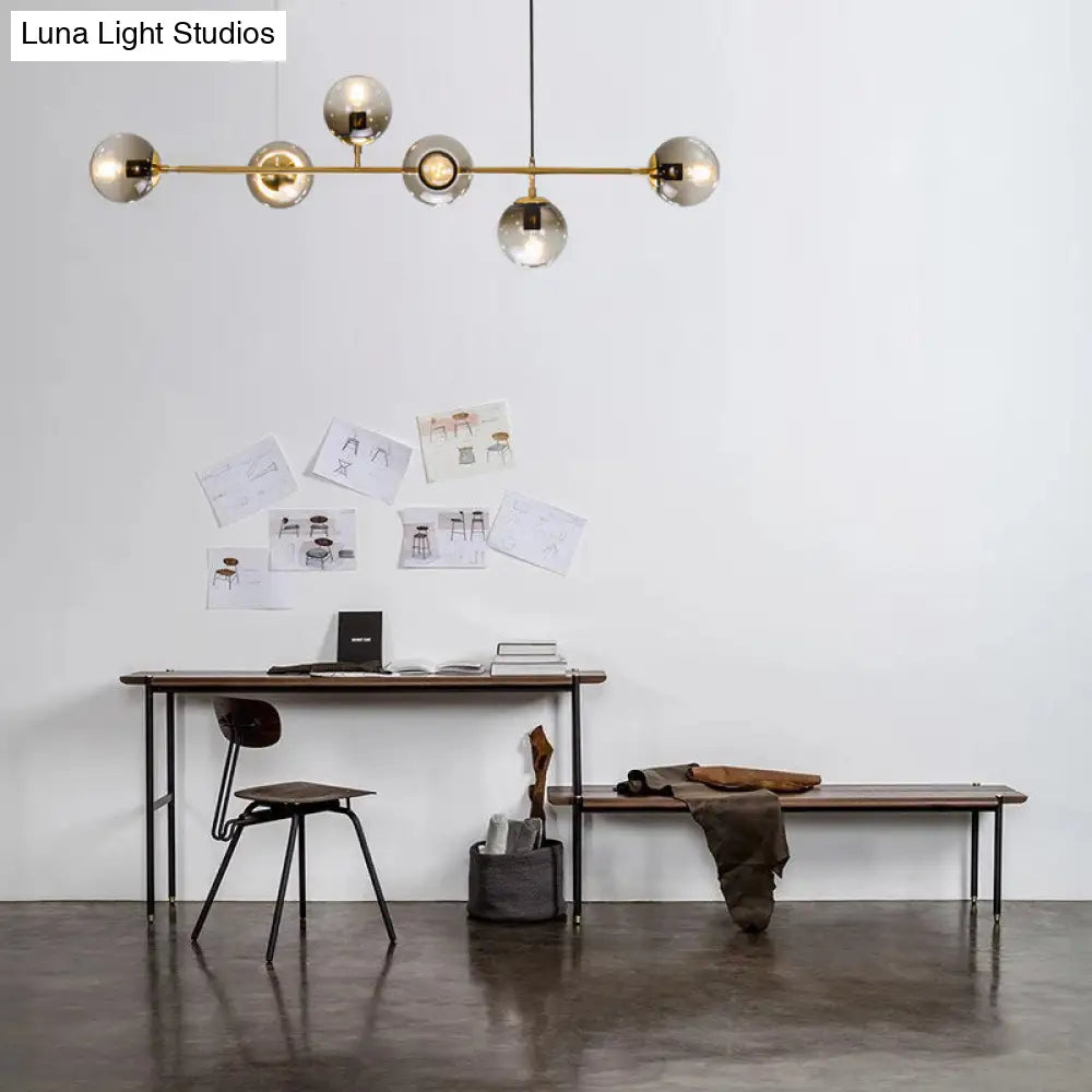 Lámpara colgante contemporánea DecorBites™ con globo de cristal gris humo - Lámpara de isla dorada de 6 luces