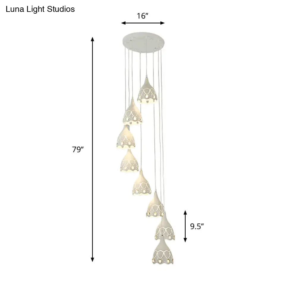 Contemporary Spiral Ceiling Light: Hollow Carved Design, 8 Lights, White