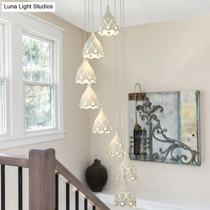 Contemporary Spiral Ceiling Light: Hollow Carved Design, 8 Lights, White