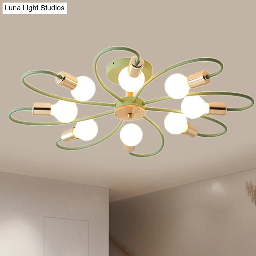 DecorBites™ DecorBites™ Contemporary Sputnik Semi Flush Lamp with Curved Arm - 3/6/8 Lights, Grey/Green, Metal Finish