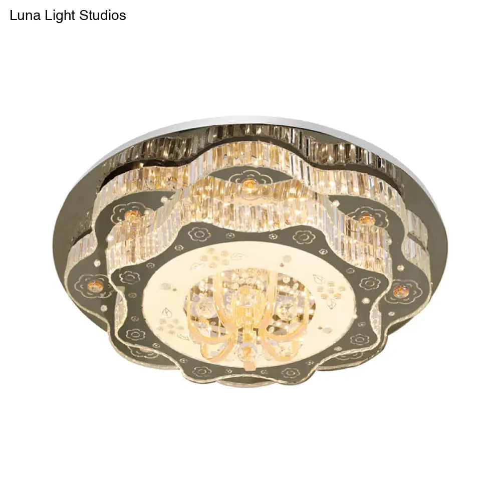 DecorBites™ DecorBites™ Contemporary Stainless-Steel Flush Ceiling Light with LED, Clear Crystal Blocks and Floral Design
