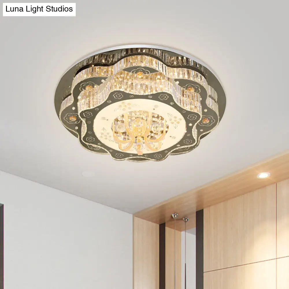 DecorBites™ DecorBites™ Contemporary Stainless-Steel Flush Ceiling Light with LED, Clear Crystal Blocks and Floral Design