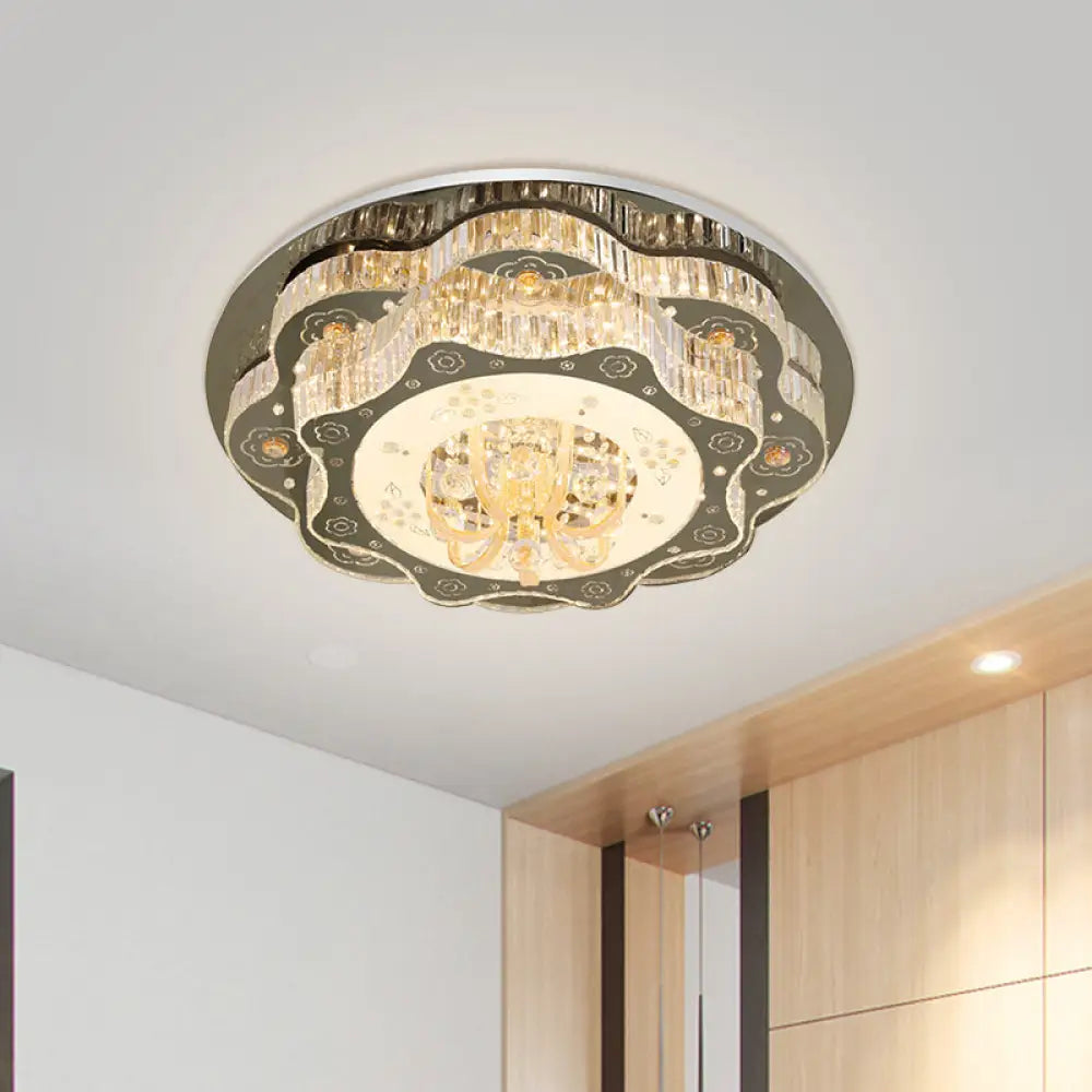DecorBites™ DecorBites™ Contemporary Stainless-Steel Flush Ceiling Light with LED, Clear Crystal Blocks and Floral Design