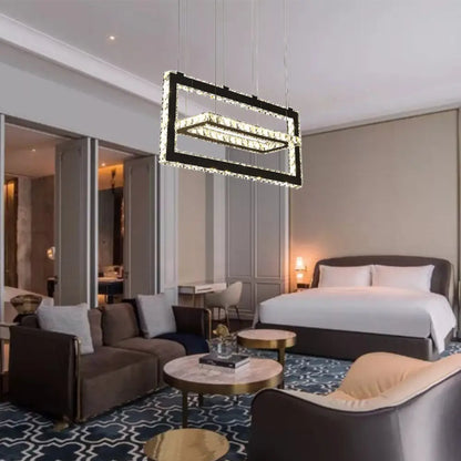 Lámpara colgante rectangular contemporánea de acero inoxidable con iluminación LED de cristal