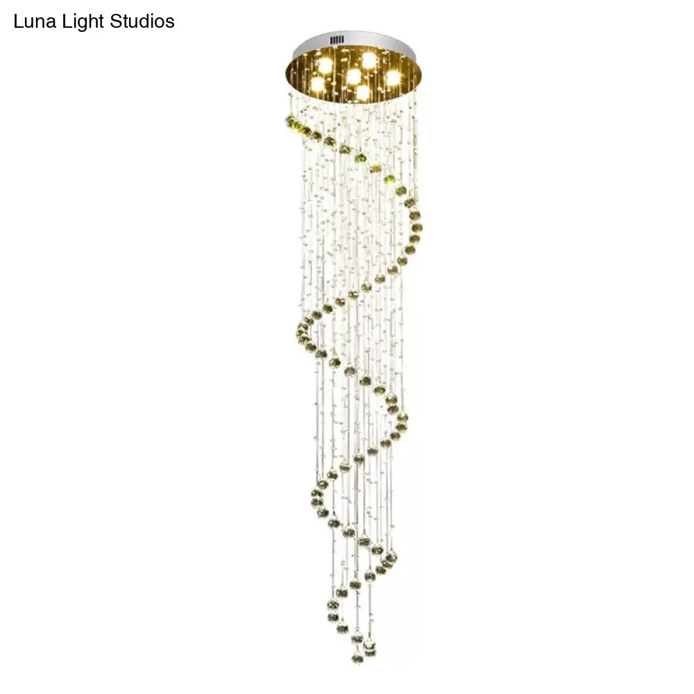 Lámpara de techo espiral contemporánea DecorBites™ de acero inoxidable con montaje empotrado con cuentas de cristal - 6 bombillas, 86,5" de altura