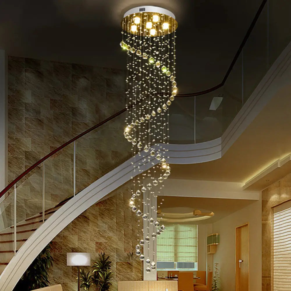 Lámpara de techo espiral contemporánea DecorBites™ de acero inoxidable con montaje empotrado con cuentas de cristal - 6 bombillas, 86,5" de altura