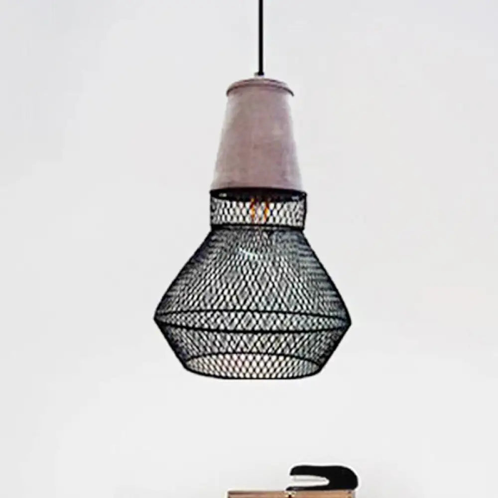 Contemporary Stone Cone Pendant Lamp - Hanging Ceiling Light with Wire-Cage Shade (1 Light) for Restaurants - Black/Red