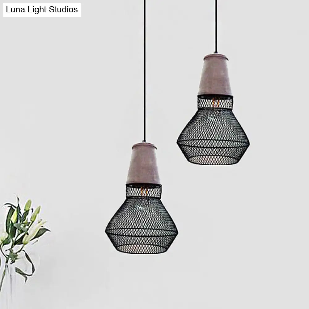 Contemporary Stone Cone Pendant Lamp - Hanging Ceiling Light with Wire-Cage Shade (1 Light) for Restaurants - Black/Red