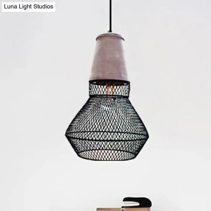 Contemporary Stone Cone Pendant Lamp - Hanging Ceiling Light with Wire-Cage Shade (1 Light) for Restaurants - Black/Red