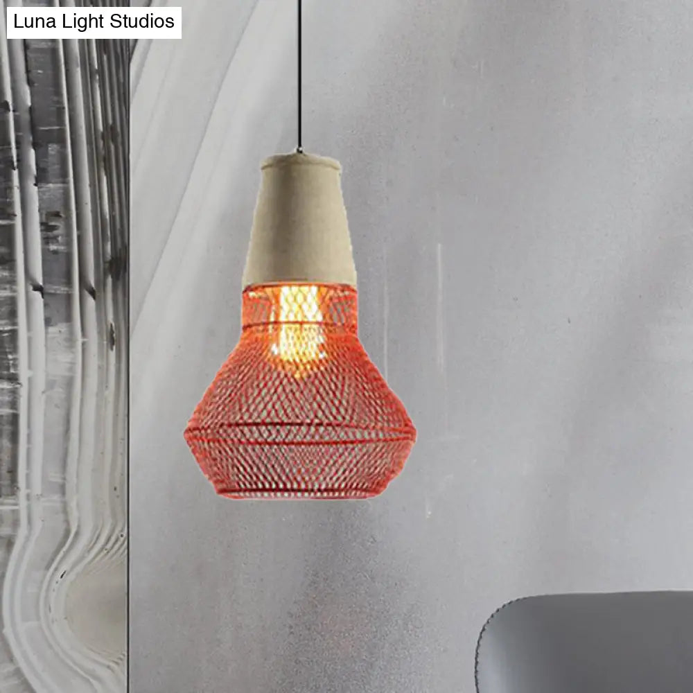 Contemporary Stone Cone Pendant Lamp - Hanging Ceiling Light with Wire-Cage Shade (1 Light) for Restaurants - Black/Red