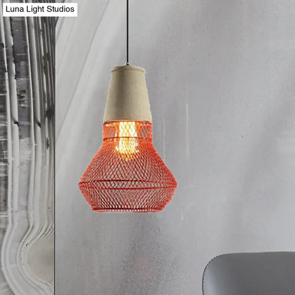 Contemporary Stone Cone Pendant Lamp - Hanging Ceiling Light with Wire-Cage Shade (1 Light) for Restaurants - Black/Red