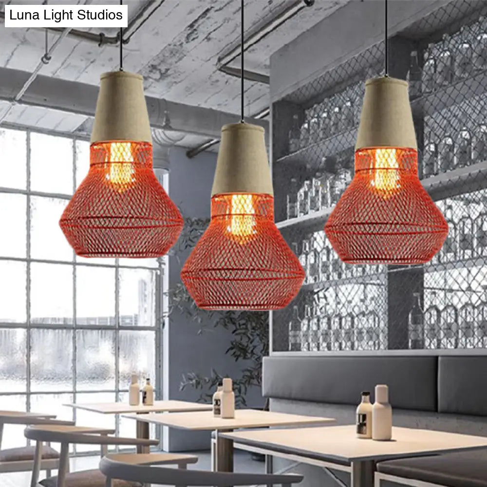 Contemporary Stone Cone Pendant Lamp - Hanging Ceiling Light with Wire-Cage Shade (1 Light) for Restaurants - Black/Red