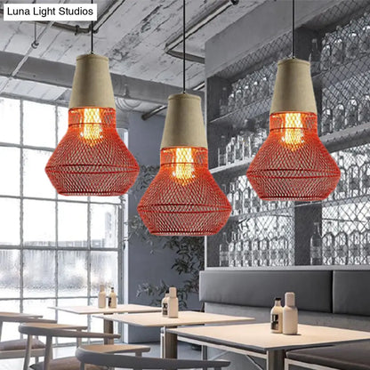 Contemporary Stone Cone Pendant Lamp - Hanging Ceiling Light with Wire-Cage Shade (1 Light) for Restaurants - Black/Red