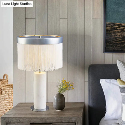 Contemporary Stone Tube Desk Lamp: White Night Table Light with Tassel Deco