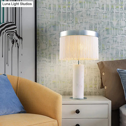 Contemporary Stone Tube Desk Lamp: White Night Table Light with Tassel Deco