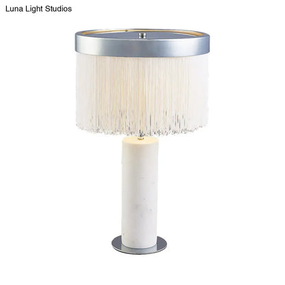Contemporary Stone Tube Desk Lamp: White Night Table Light with Tassel Deco