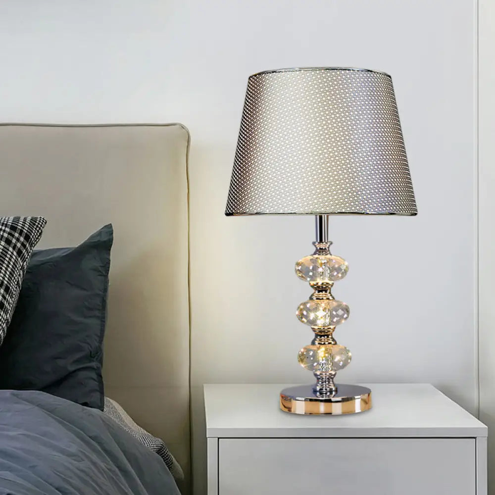 Contemporary Study Light with Crystal Lamp Post - Silver/Beige/Coffee Fabric Shade, 1 Head, Perfect for Nightstand Lighting