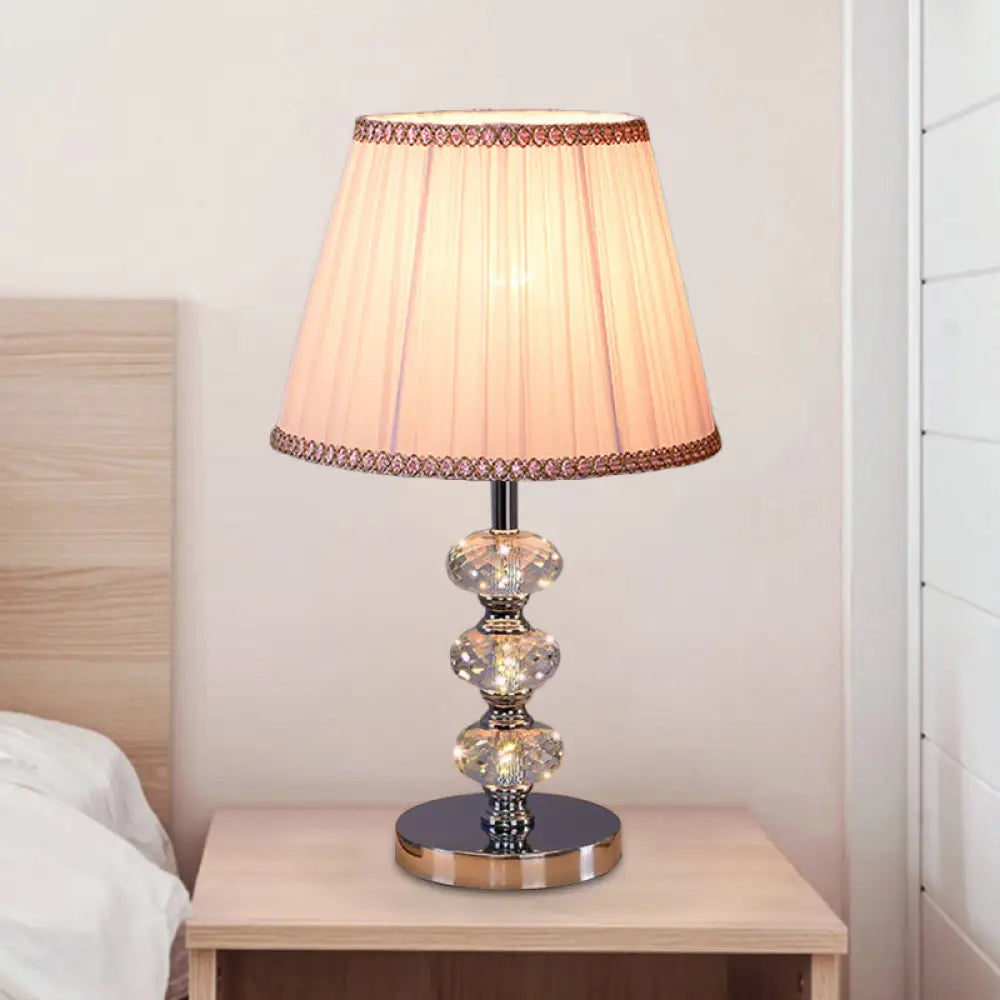 Contemporary Study Light with Crystal Lamp Post - Silver/Beige/Coffee Fabric Shade, 1 Head, Perfect for Nightstand Lighting