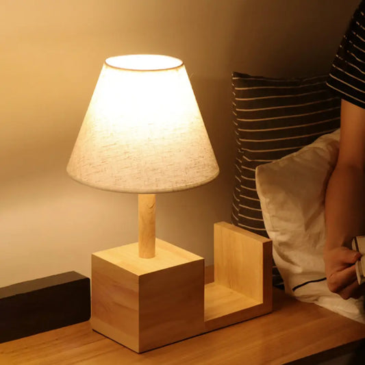 Contemporary Tapered Fabric Night Table Light – White 1-Head Desk Lamp with Wood Shelf Base