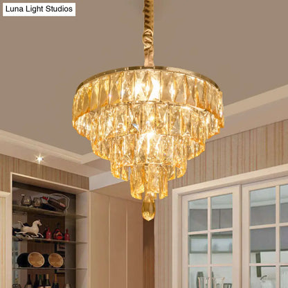 Contemporary Tapered Suspension Lamp - Clear Rectangle-Cut Crystal 4 Head Nickel Chandelier