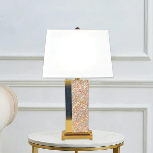 Contemporary Trapezoid Fabric Table Light - 1-Bulb White Night Lamp with Red Marble Base