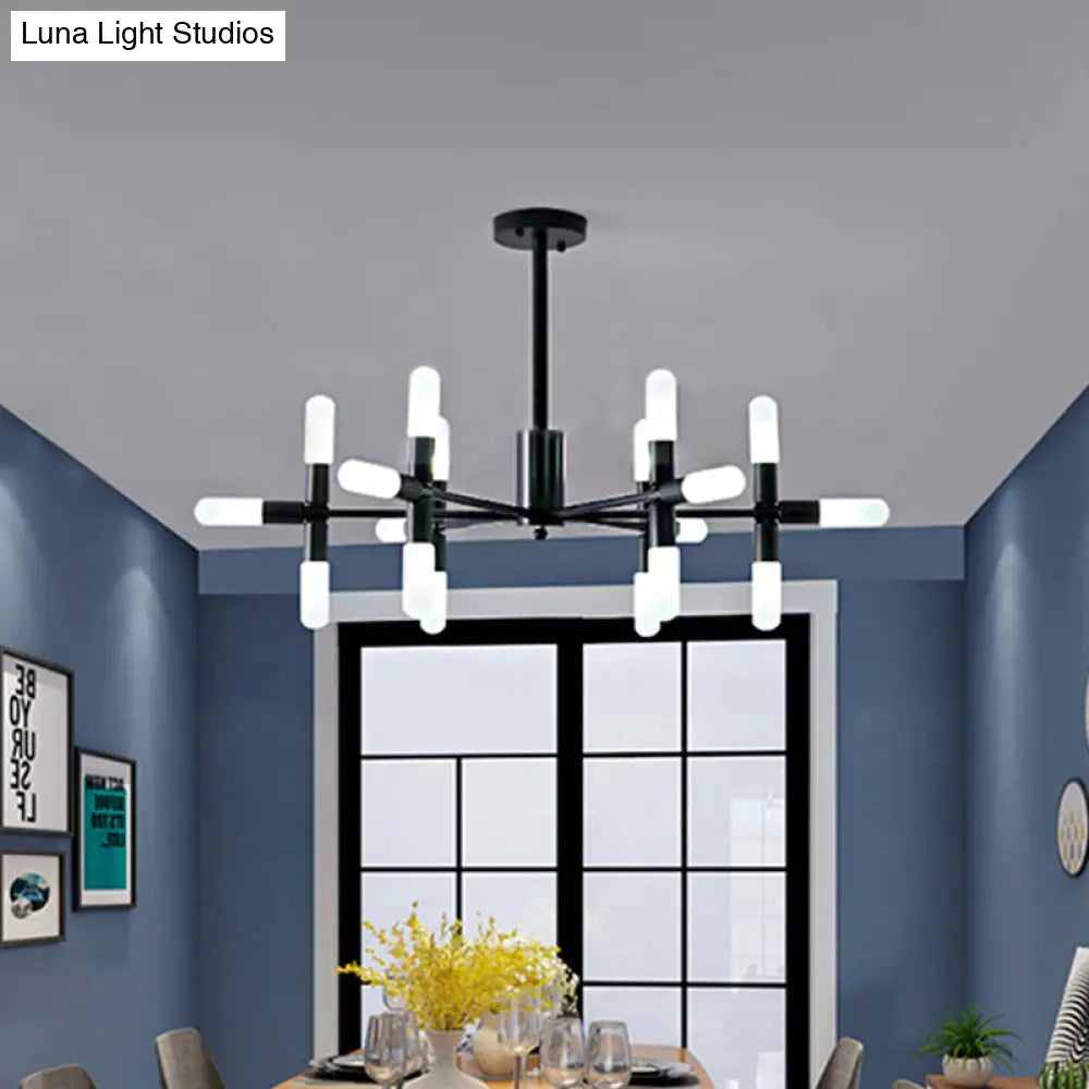 Lámpara de araña tubular contemporánea: Lámpara colgante de metal negro/dorado de 18/36 luces con diseño de estrella.