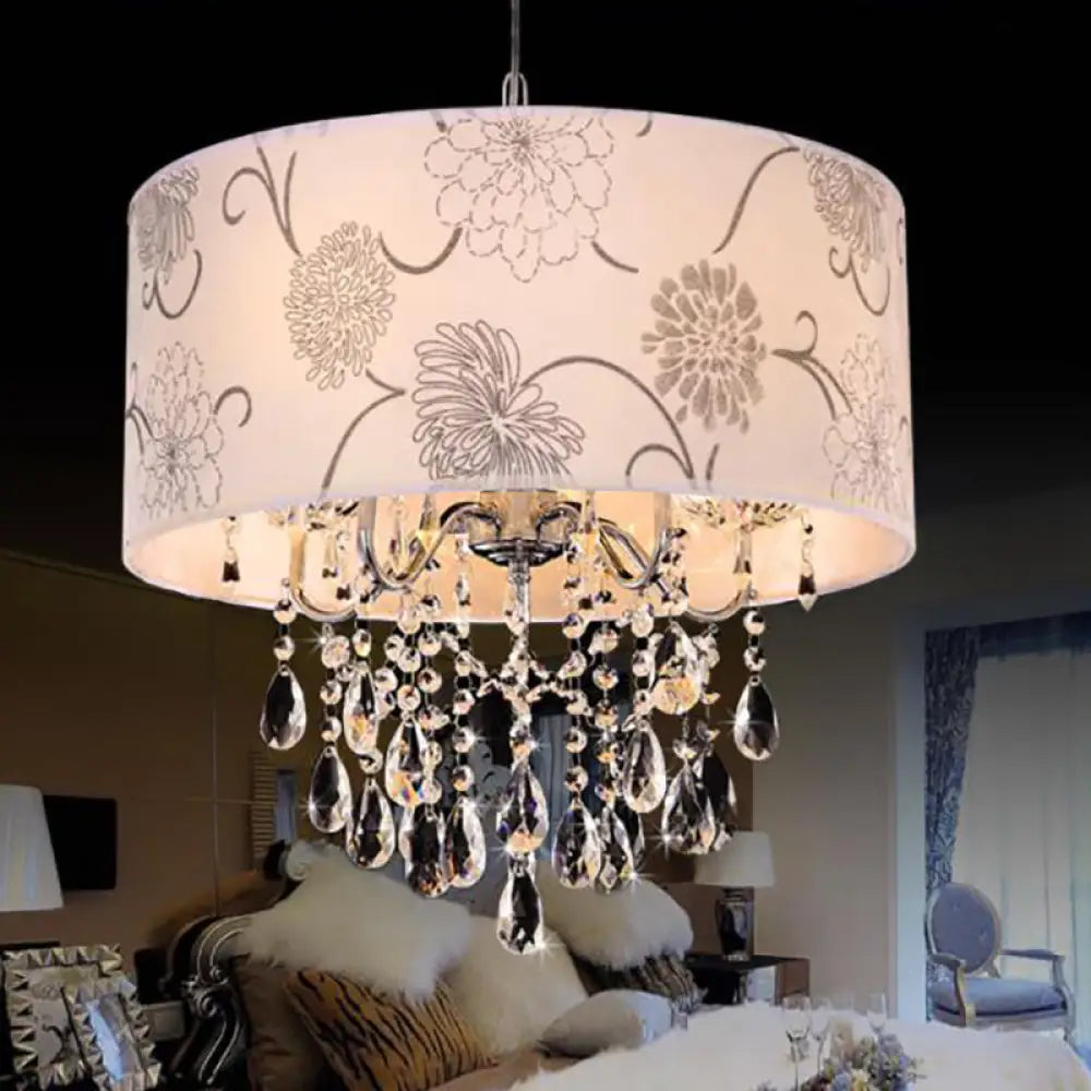 Lámpara de araña contemporánea blanca tipo tambor - Lámpara colgante de 5 luces con diseño floral y cuentas de cristal