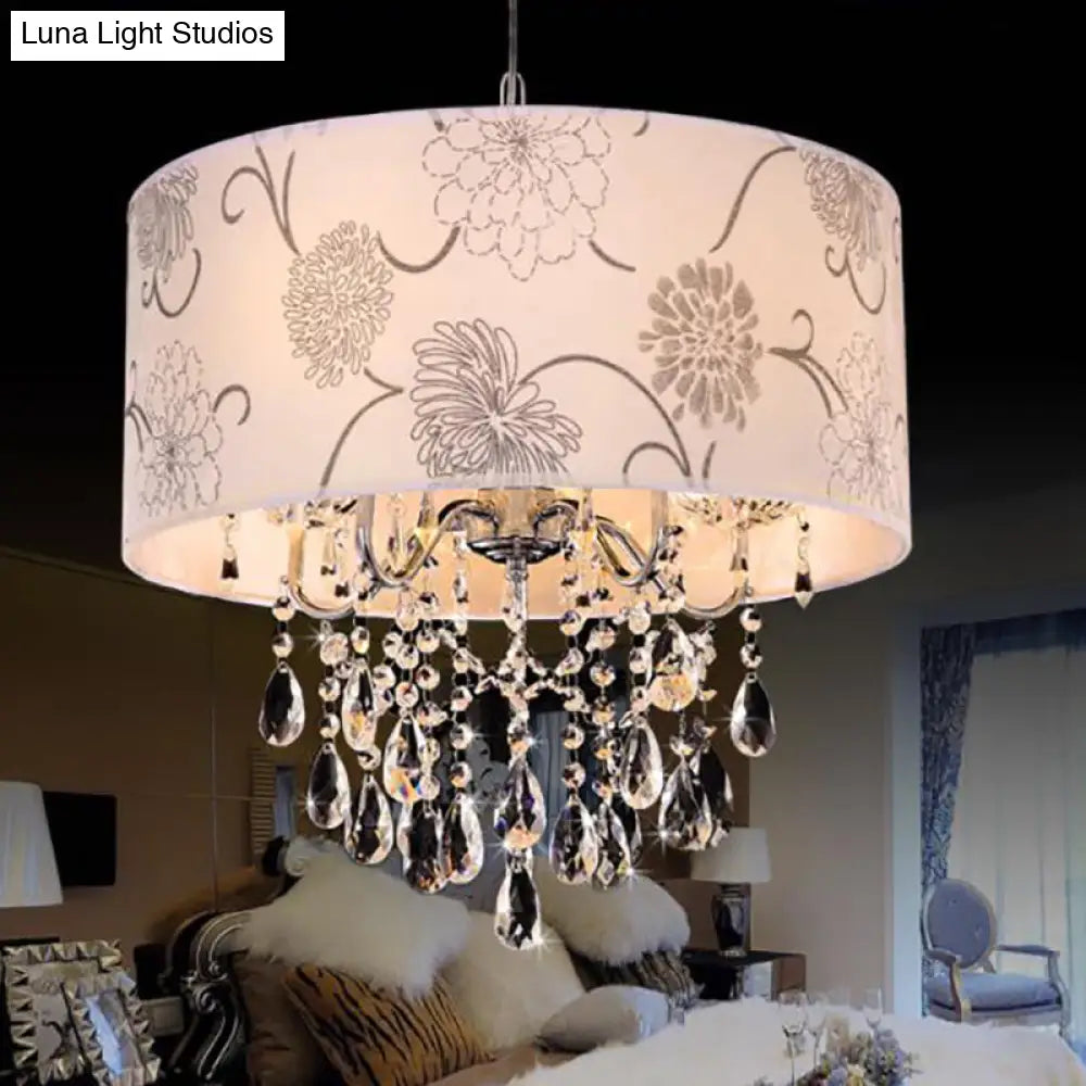 Lámpara de araña contemporánea blanca tipo tambor - Lámpara colgante de 5 luces con diseño floral y cuentas de cristal
