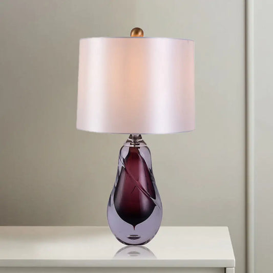 Contemporary White Drum Table Light with Teardrop Red Crystal Base - Small Desk Lamp