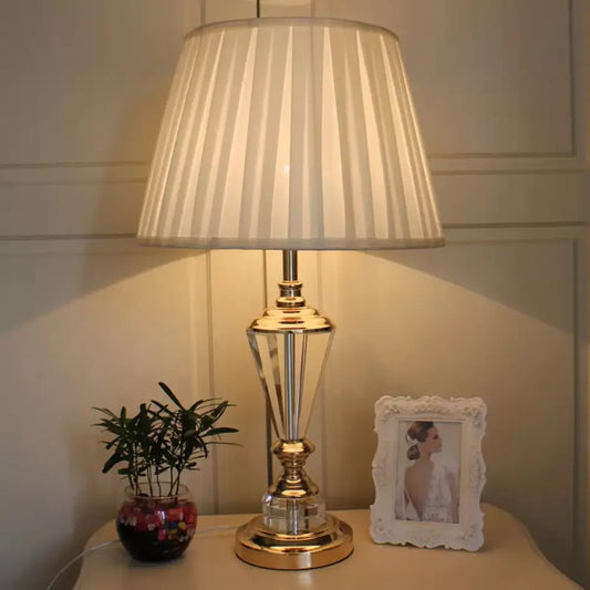 Contemporary White Fabric Study Lamp - Tapered Head, Crystal Beveled Font, Perfect for Reading