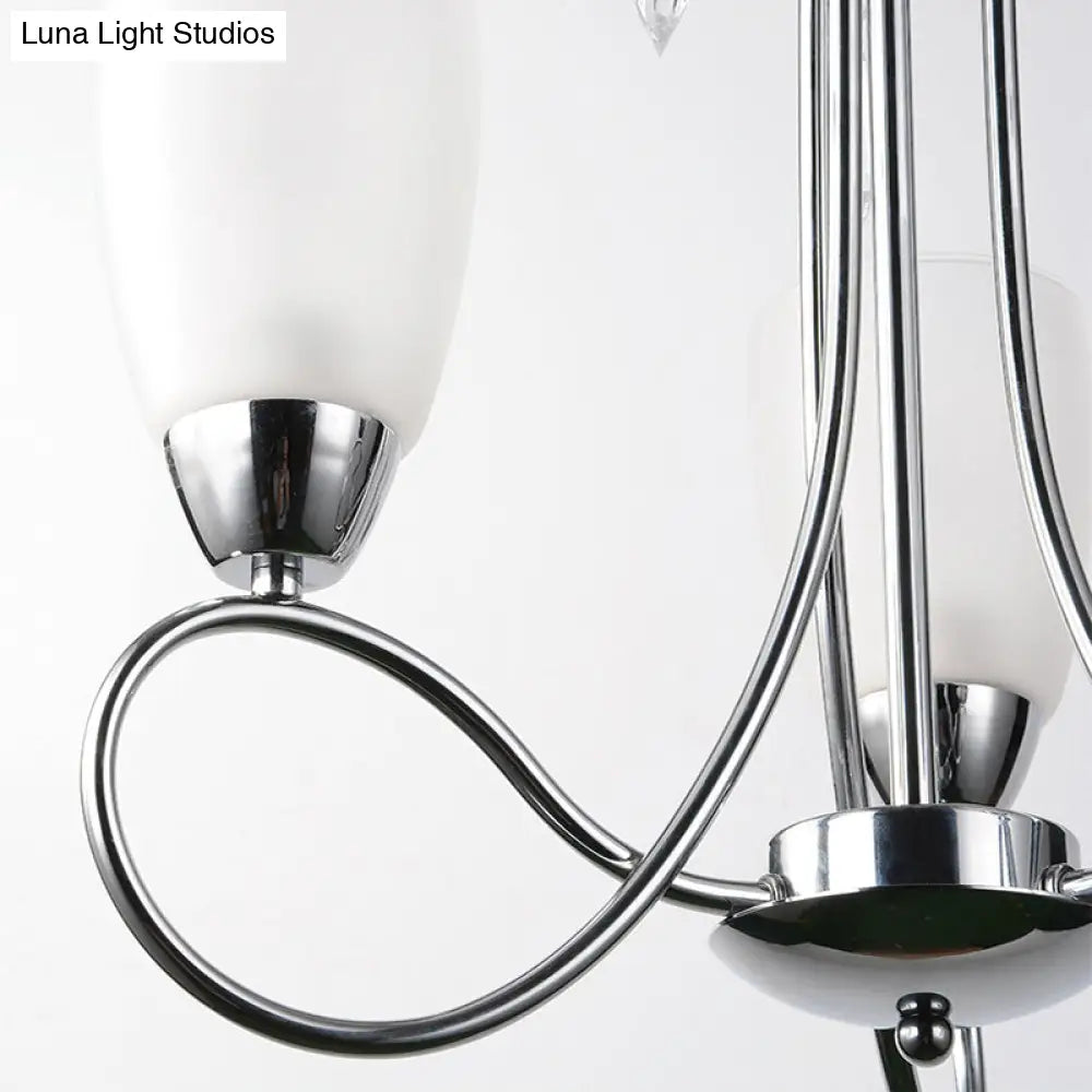 Lámpara de araña contemporánea de cristal blanco con forma de campana y decoración de cristal plateado para pasillo