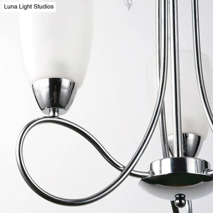 Lámpara de araña contemporánea de cristal blanco con forma de campana y decoración de cristal plateado para pasillo