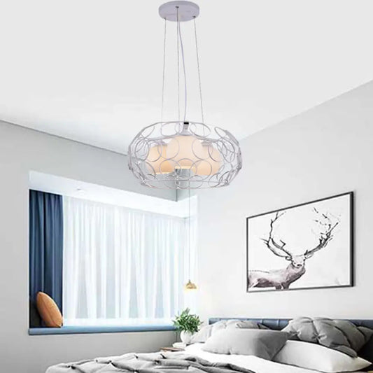 Lámpara de techo colgante contemporánea de cristal blanco con diseño de jaula - 3 luces