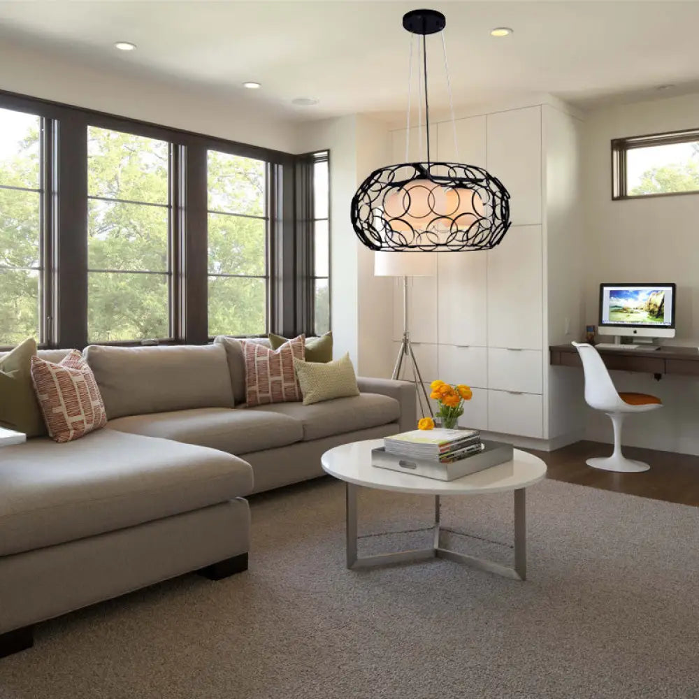 Lámpara de techo colgante contemporánea de cristal blanco con diseño de jaula - 3 luces