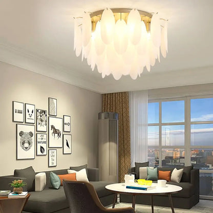 Lámpara de techo DecorBites™ contemporánea con forma de pluma y pantalla de cristal blanco - 22,5"/28" de ancho - 6 luces para sala de estar