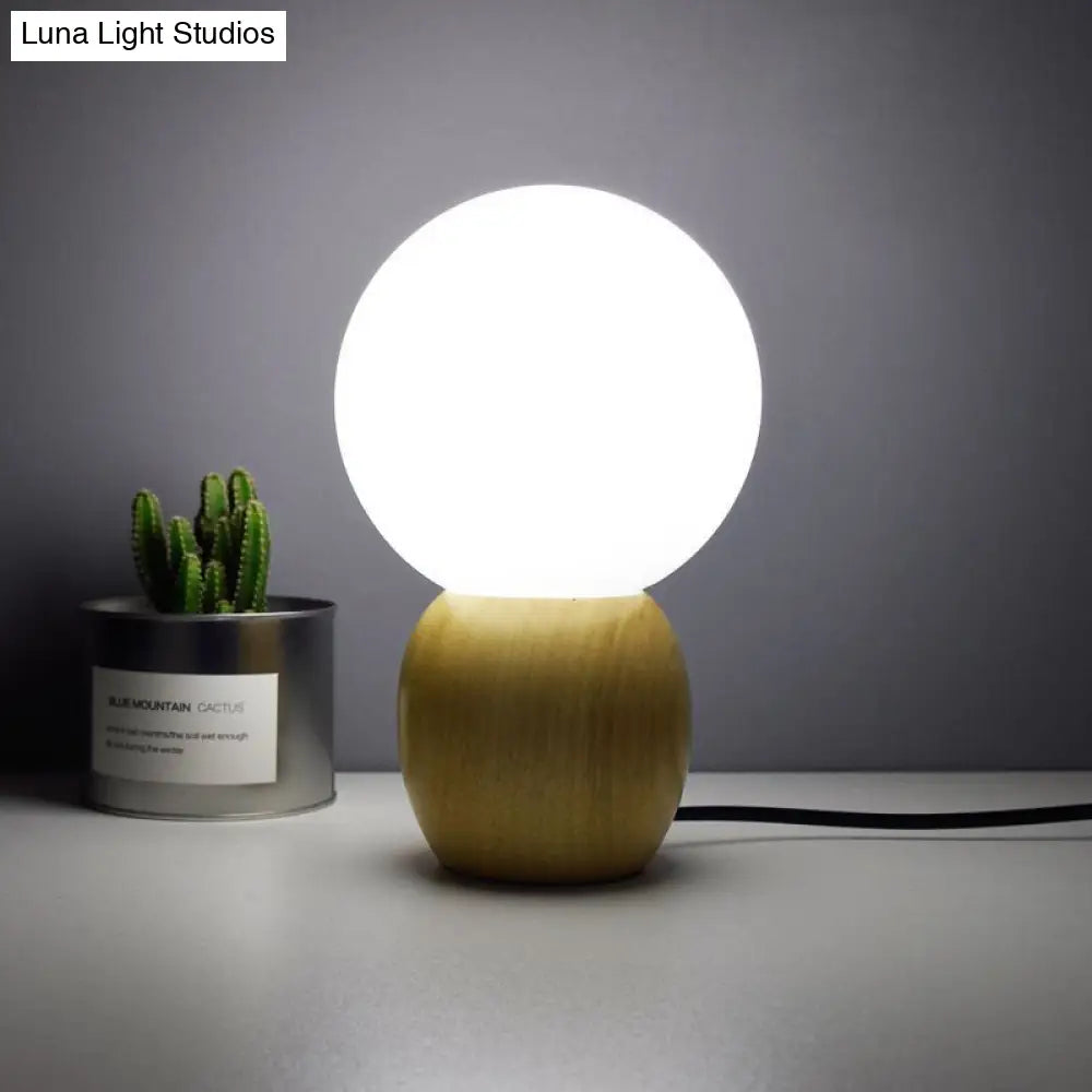 Contemporary White Glass Spherical Task Light: 1-Bulb Reading Book Light in Wood