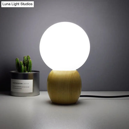 Contemporary White Glass Spherical Task Light: 1-Bulb Reading Book Light in Wood