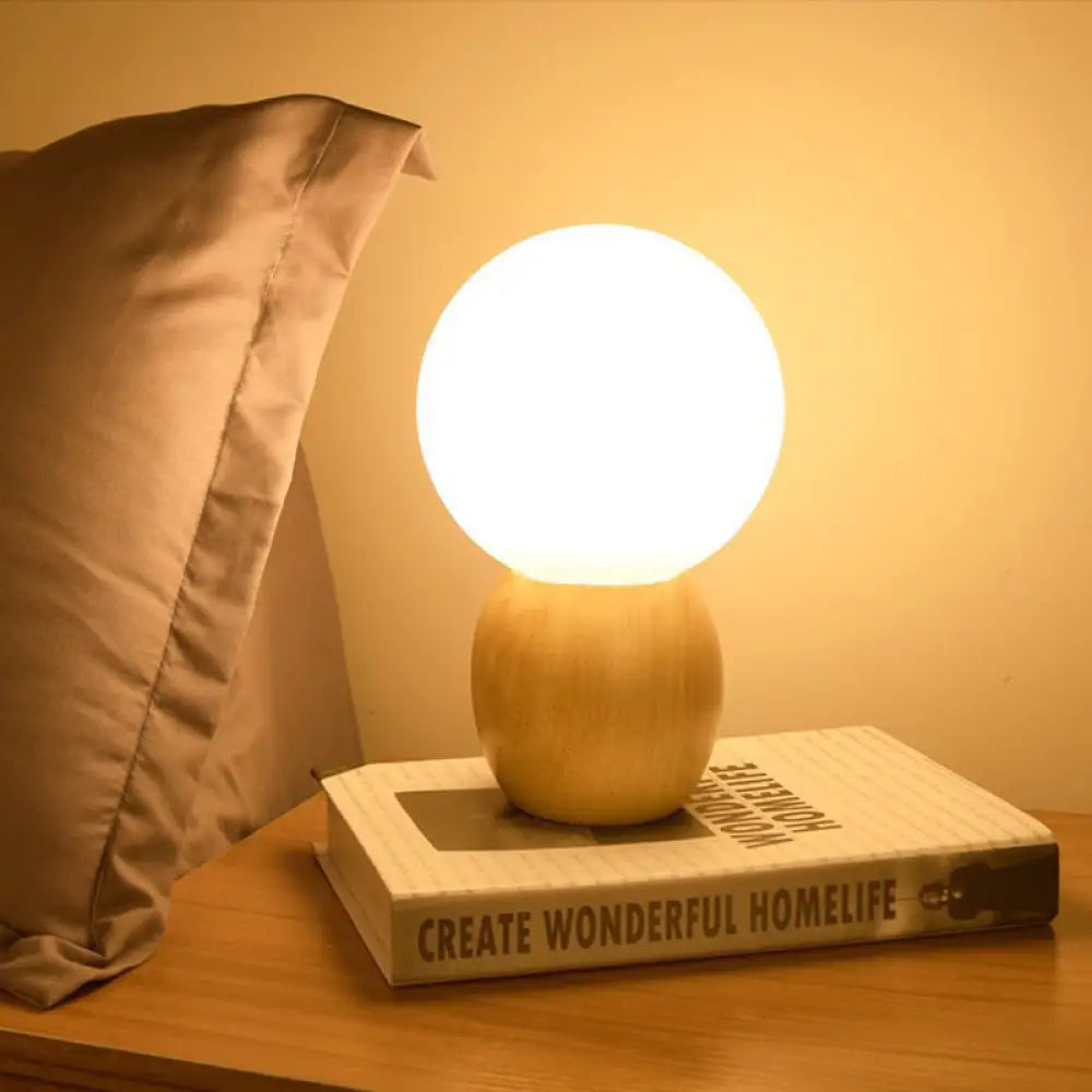 Contemporary White Glass Spherical Task Light: 1-Bulb Reading Book Light in Wood