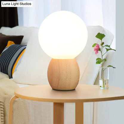Contemporary White Glass Spherical Task Light: 1-Bulb Reading Book Light in Wood