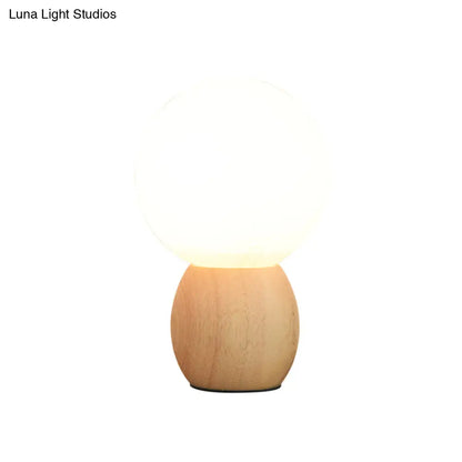 Contemporary White Glass Spherical Task Light: 1-Bulb Reading Book Light in Wood