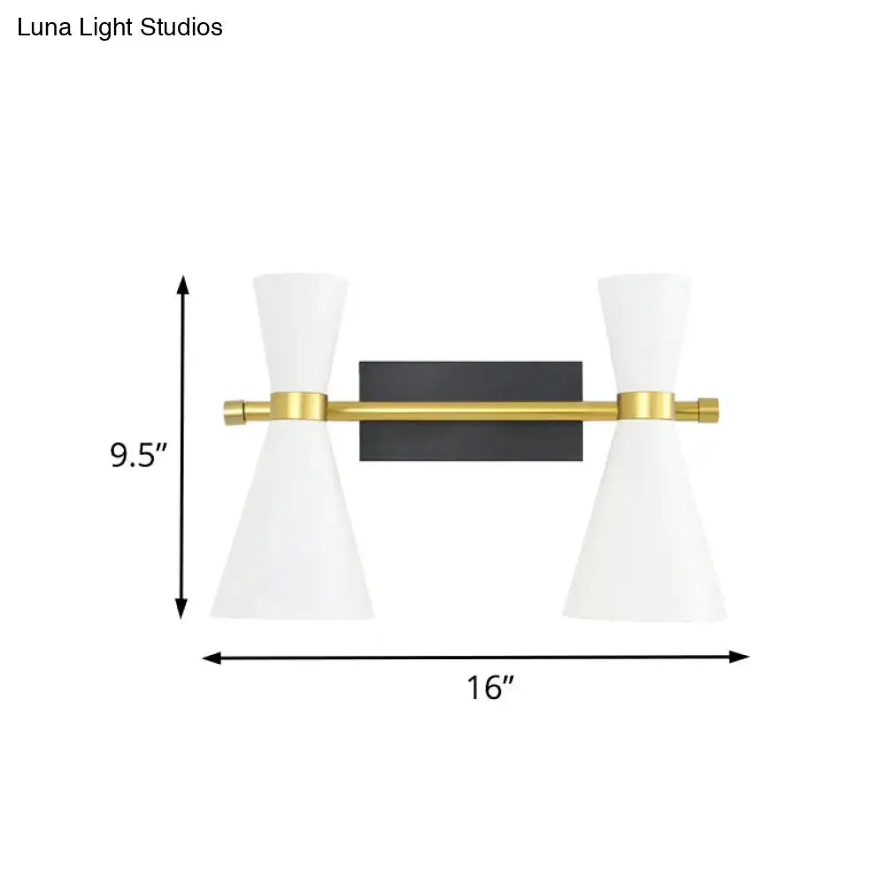 Contemporary white and gold adjustable arm wall sconce with two conical shades and black rectangular backplate for bedroom lighting