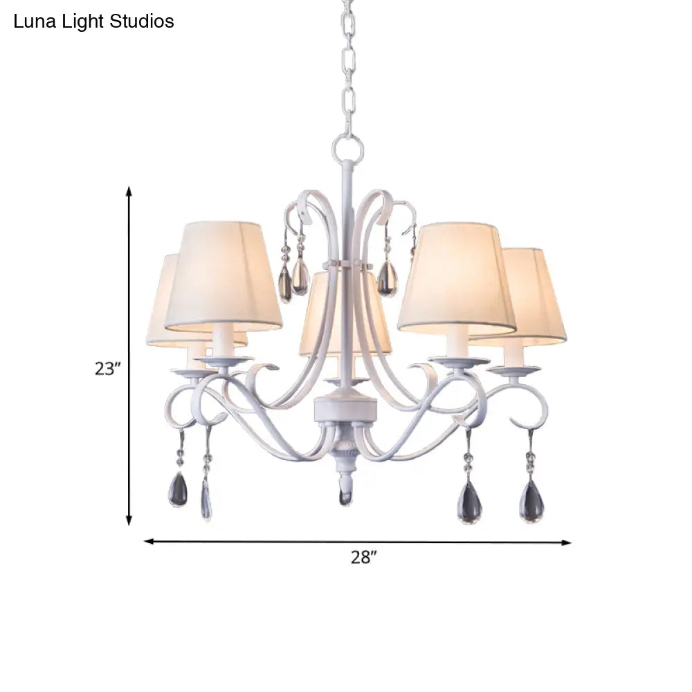 Lámpara colgante contemporánea blanca con gotas de cristal y pantalla de tela - Ideal para habitación de invitados, 5 bombillas