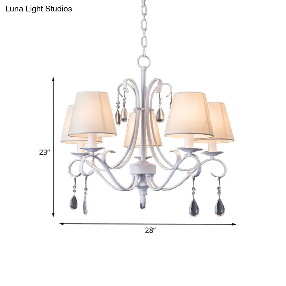 Lámpara colgante contemporánea blanca con gotas de cristal y pantalla de tela - Ideal para habitación de invitados, 5 bombillas