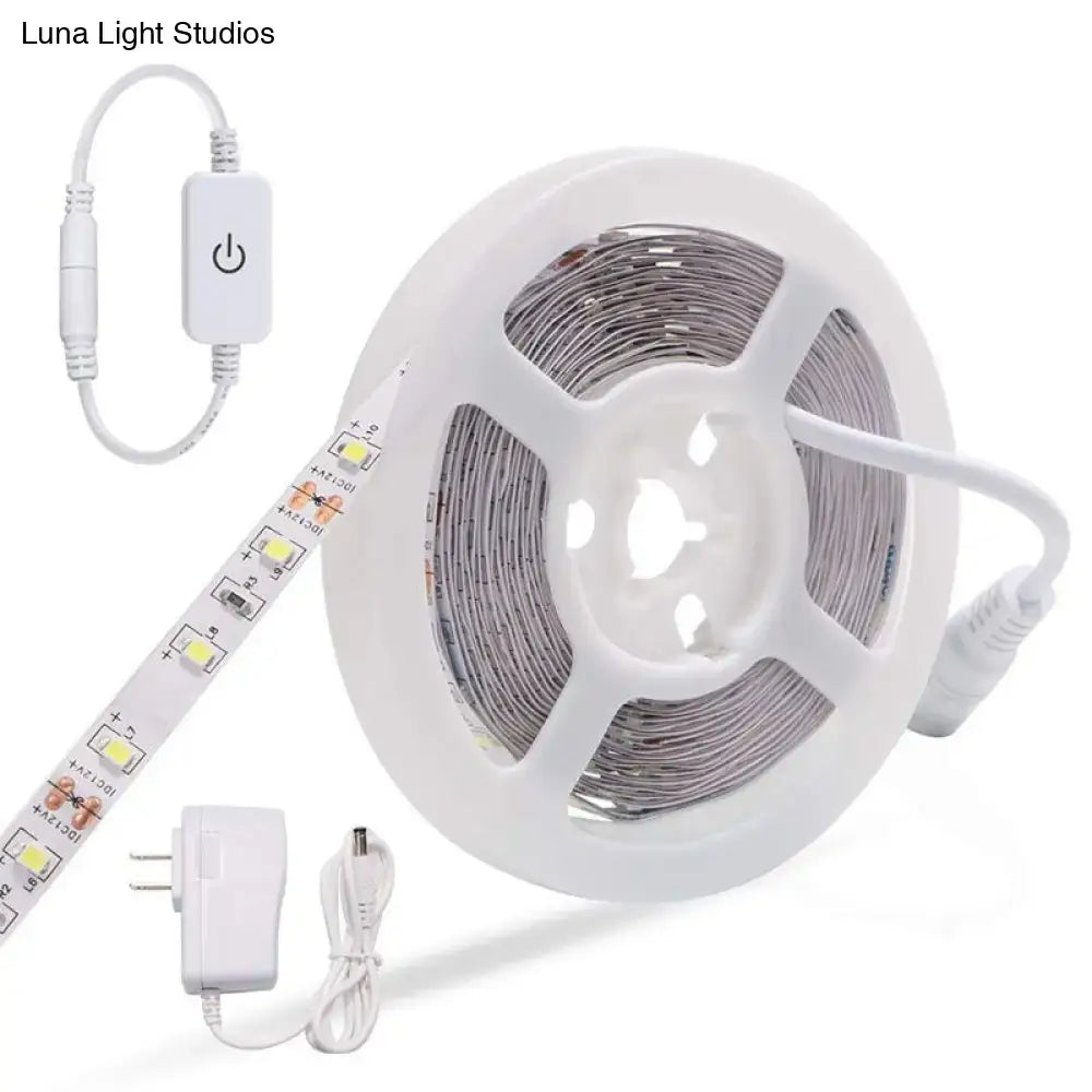 White led strip light with flexible adhesive backing and integrated power adapter for contemporary 110v-120v vanity mirror